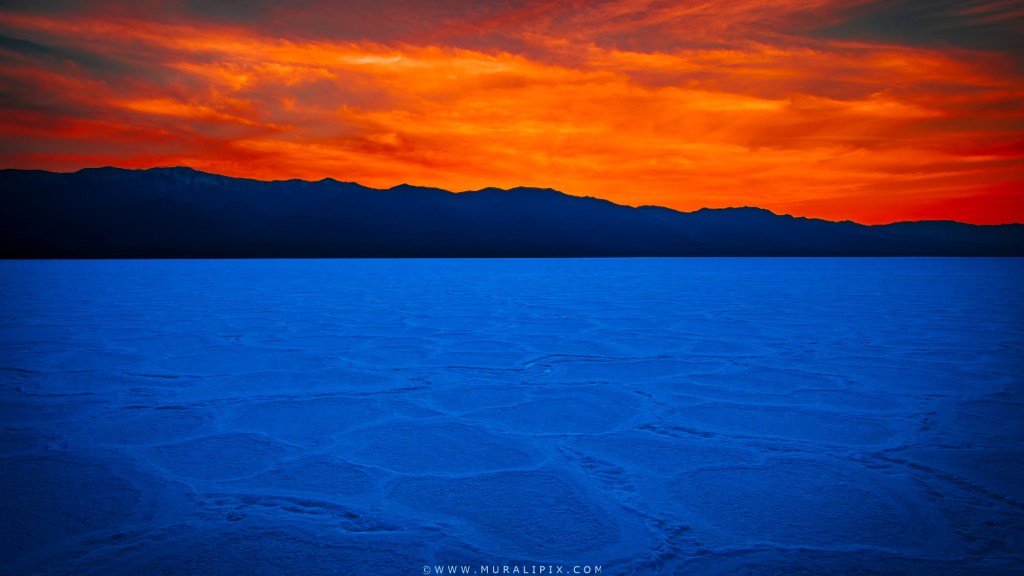 Death Valley National Park Lake Manly Salt Pans at Dusk in April. Paramint mountains in the background.