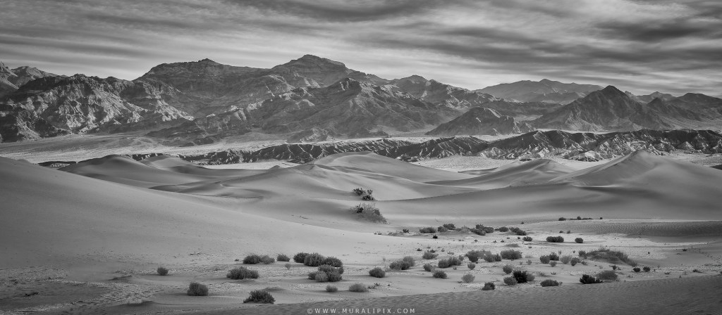 A black & white image of dynamic clouds over Mesquite Flats Sand Dunes at Death Valley National Park in California just after sunrise
