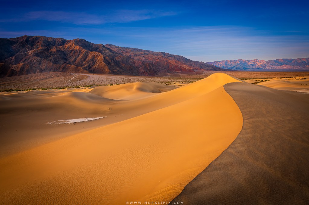 Mesquite Flats Sand Dunes at Death Valley National Park in California at Sunrise with Paramint Mountains in the background