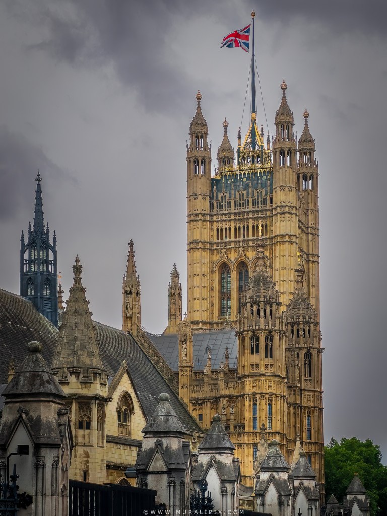 The Houses of Parliament aka Palace of Westminster viewed from Parliament Square