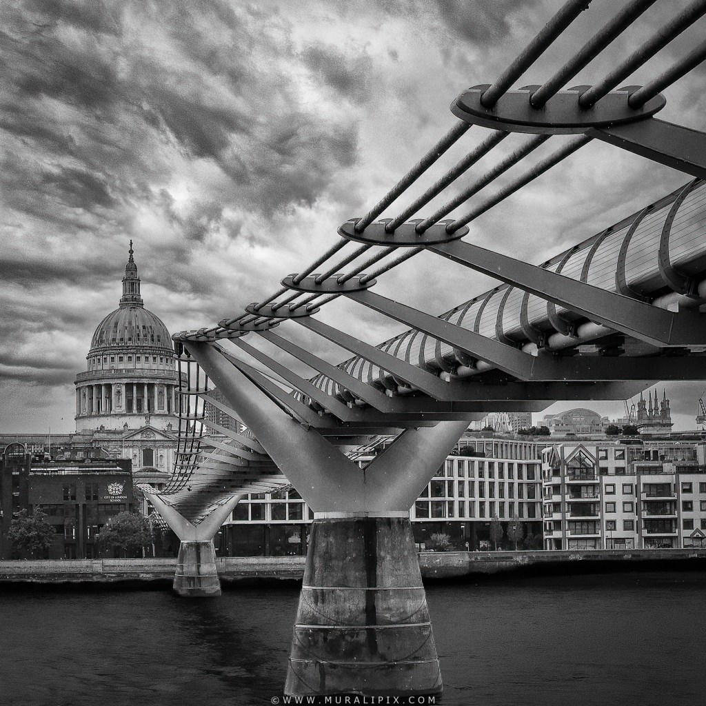 View of London's St. Paul Cathedral & Millenium Bridge from Across the river Thames